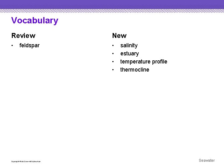 Vocabulary Review New • • • feldspar Copyright © Mc. Graw-Hill Education salinity estuary