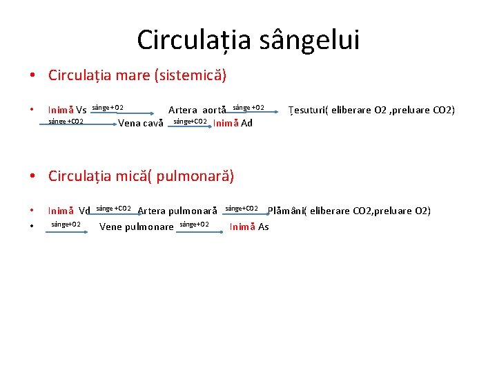 Circulația sângelui • Circulația mare (sistemică) • Inimă Vs sânge +CO 2 Artera aortă