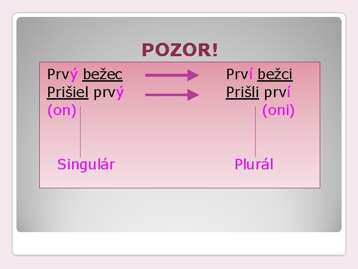 POZOR! Prvý bežec Prišiel prvý (on) Singulár Prví bežci Prišli prví (oni) Plurál 