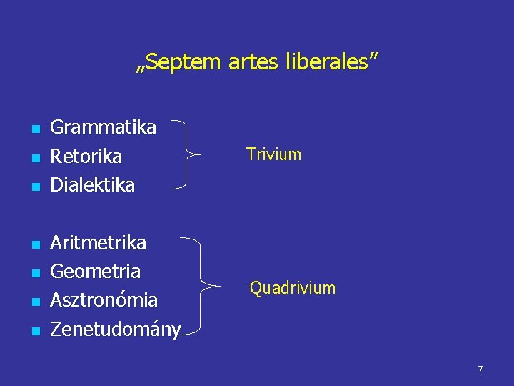 „Septem artes liberales” n n n n Grammatika Retorika Dialektika Trivium Aritmetrika Geometria Asztronómia