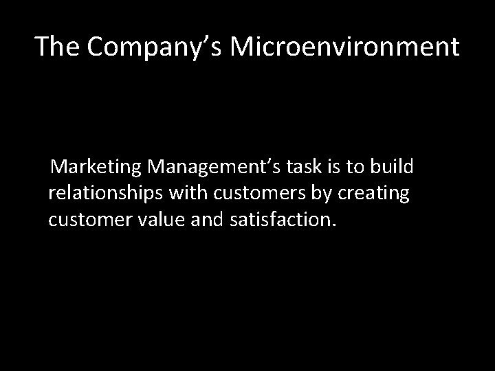 The Company’s Microenvironment Marketing Management’s task is to build relationships with customers by creating