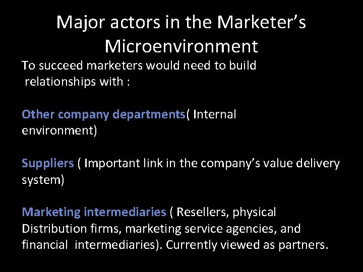 Major actors in the Marketer’s Microenvironment To succeed marketers would need to build relationships