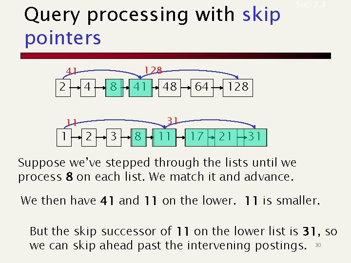 Query processing with skip pointers 41 2 11 1 4 2 8 3 128