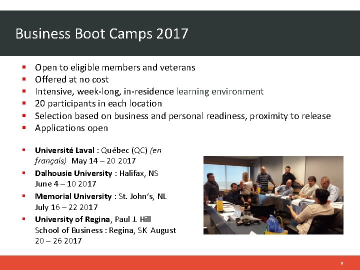 Business Boot Camps 2017 Open to eligible members and veterans Offered at no cost