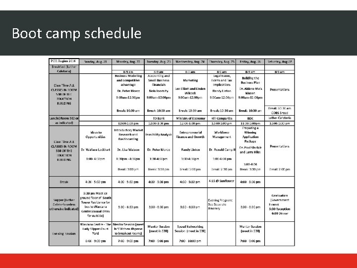 Boot camp schedule 