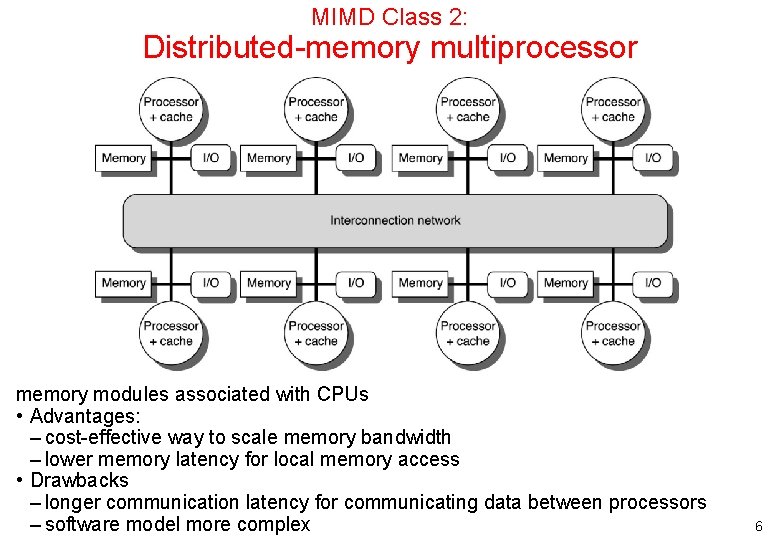 MIMD Class 2: Distributed-memory multiprocessor memory modules associated with CPUs • Advantages: – cost-effective