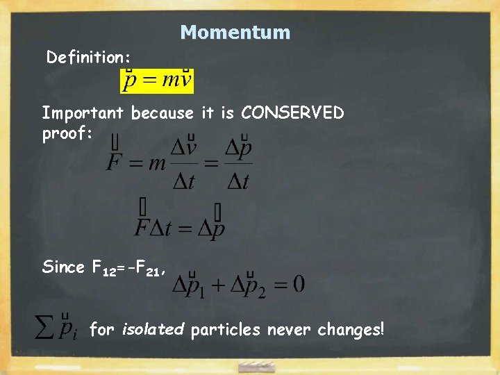 Momentum Definition: Important because it is CONSERVED proof: Since F 12=-F 21, for isolated