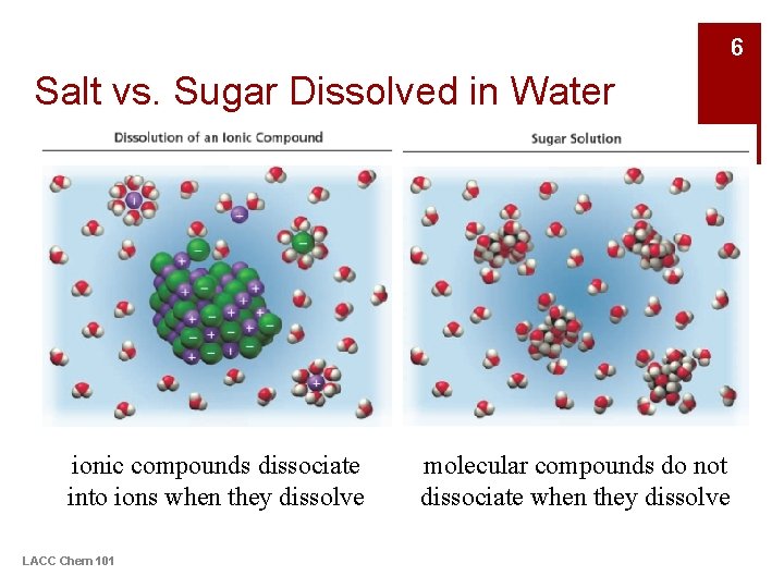 6 Salt vs. Sugar Dissolved in Water ionic compounds dissociate into ions when they
