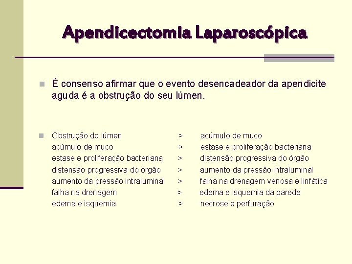 Apendicectomia Laparoscópica n É consenso afirmar que o evento desencadeador da apendicite aguda é