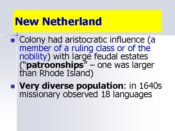 New Netherland n n Colony had aristocratic influence (a member of a ruling class