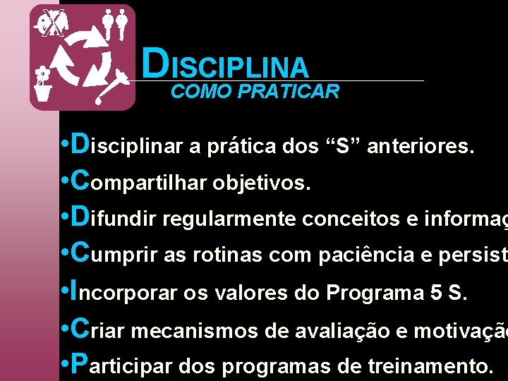 DCOMO ISCIPLINA PRATICAR • Disciplinar a prática dos “S” anteriores. • Compartilhar objetivos. •