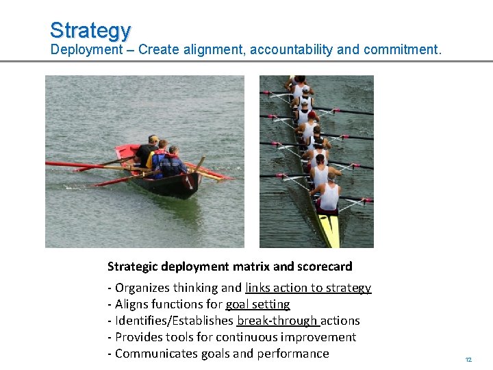 Strategy Deployment – Create alignment, accountability and commitment. Strategic deployment matrix and scorecard -