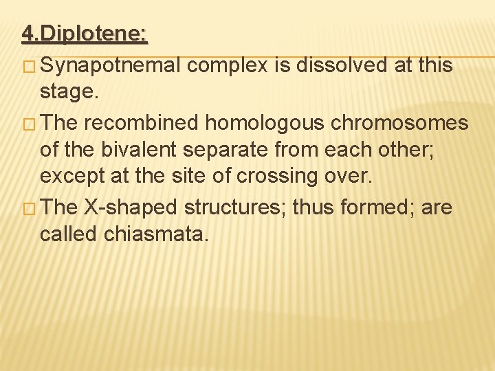 4. Diplotene: � Synapotnemal complex is dissolved at this stage. � The recombined homologous