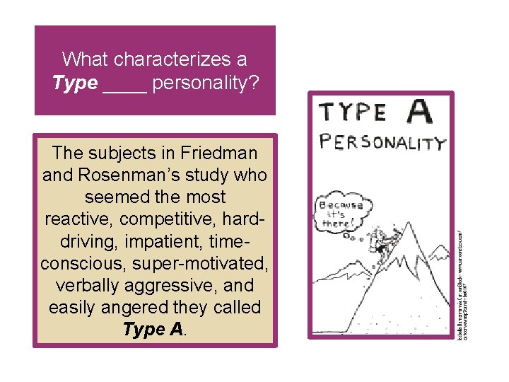 What characterizes a Type ____ personality? The subjects in Friedman and Rosenman’s study who