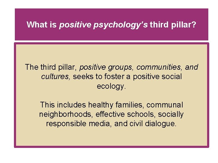 What is positive psychology’s third pillar? The third pillar, positive groups, communities, and cultures,