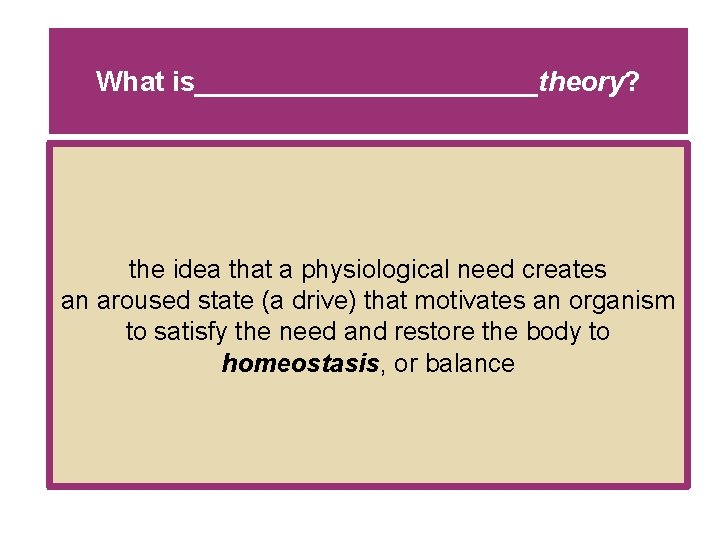 What is___________theory? the idea that a physiological need creates an aroused state (a drive)