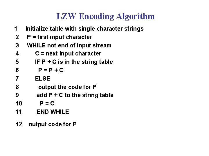 LZW Encoding Algorithm 1 Initialize table with single character strings 2 P = first