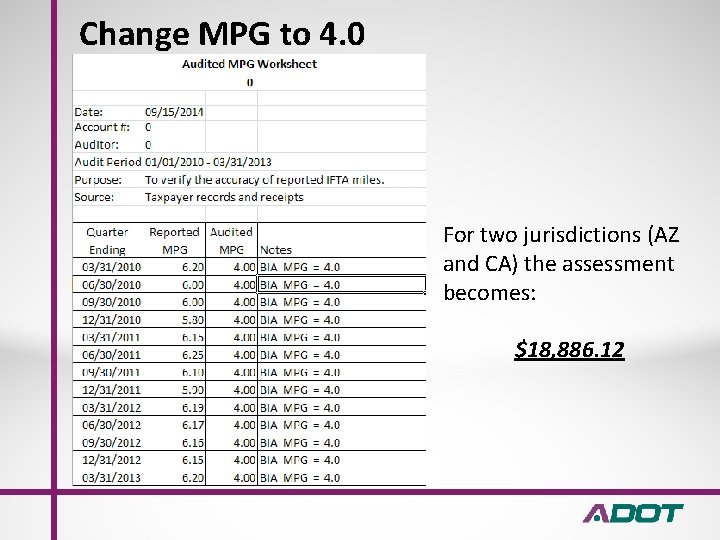 Change MPG to 4. 0 For two jurisdictions (AZ and CA) the assessment becomes: