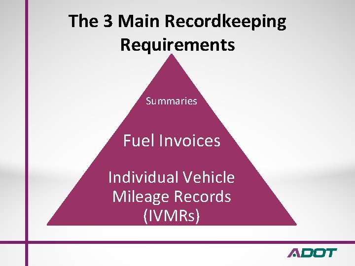 The 3 Main Recordkeeping Requirements Summaries Fuel Invoices Individual Vehicle Mileage Records (IVMRs) 