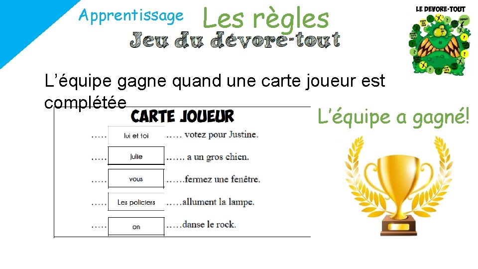 Apprentissage Les règles L’équipe gagne quand une carte joueur est complétée L’équipe a gagné!