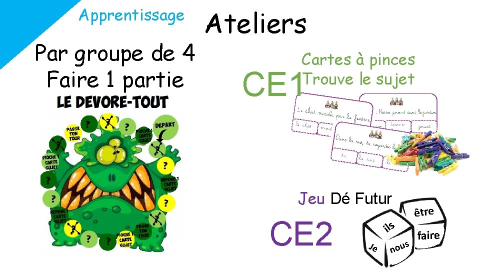 Apprentissage Par groupe de 4 Faire 1 partie Ateliers Cartes à pinces Trouve le