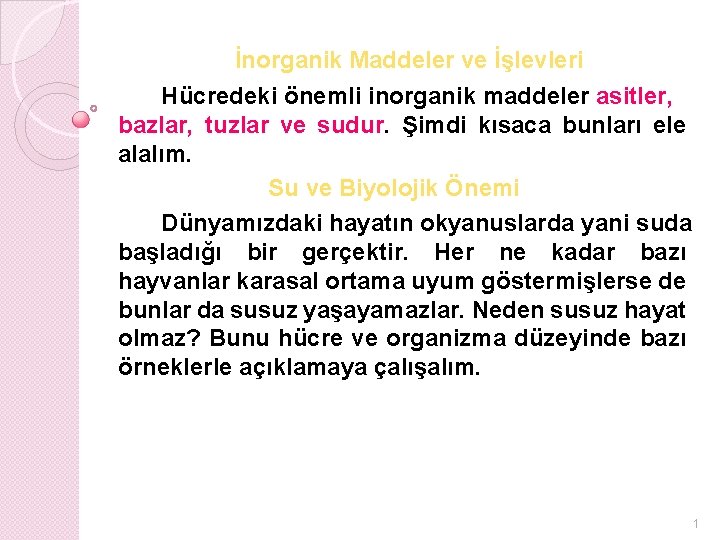 İnorganik Maddeler ve İşlevleri Hücredeki önemli inorganik maddeler asitler, bazlar, tuzlar ve sudur. Şimdi