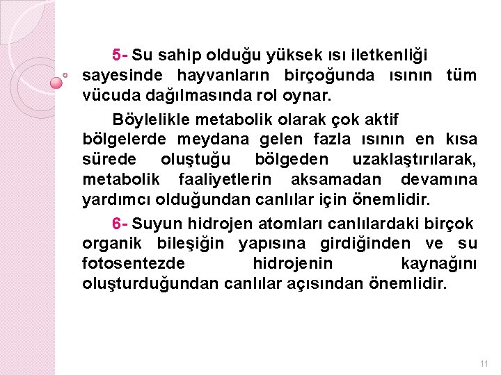 5 - Su sahip olduğu yüksek ısı iletkenliği sayesinde hayvanların birçoğunda ısının tüm vücuda