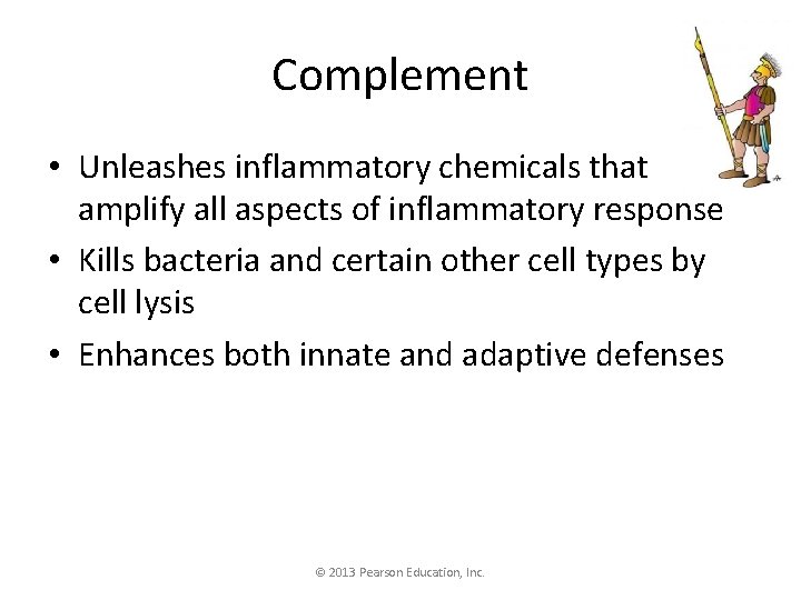 Complement • Unleashes inflammatory chemicals that amplify all aspects of inflammatory response • Kills