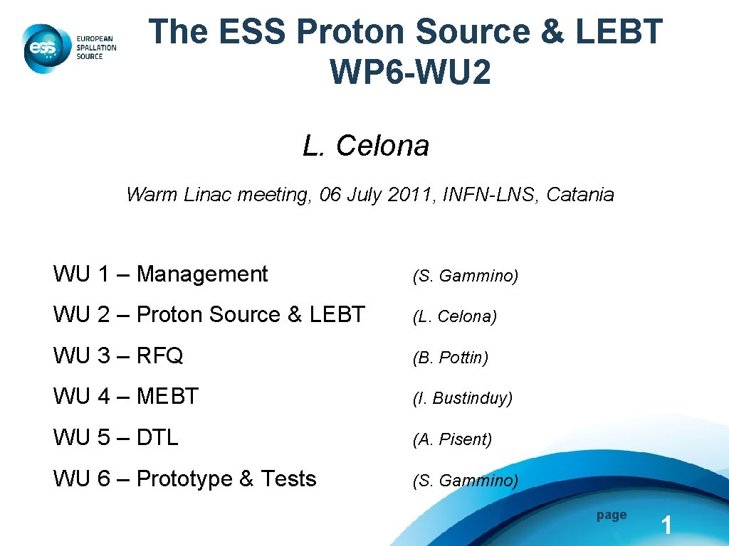 The ESS Proton Source & LEBT WP 6 -WU 2 L. Celona Warm Linac
