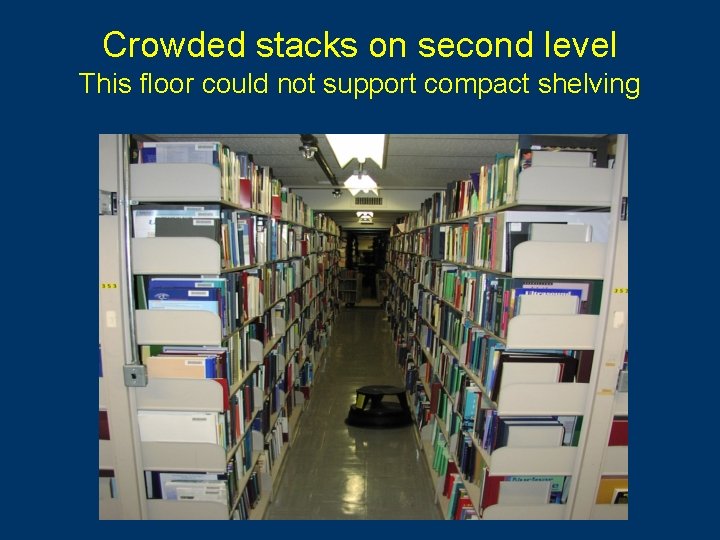 Crowded stacks on second level This floor could not support compact shelving 