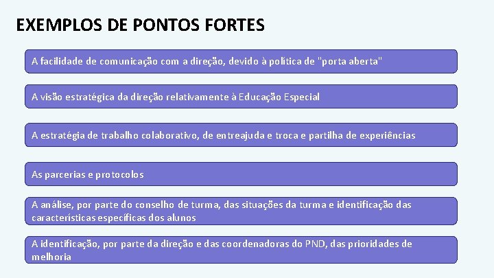 EXEMPLOS DE PONTOS FORTES A facilidade de comunicação com a direção, devido à política