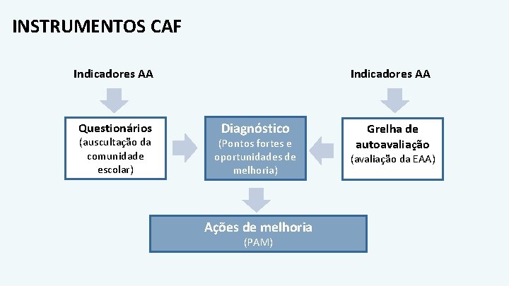 INSTRUMENTOS CAF Indicadores AA Questionários (auscultação da comunidade escolar) Diagnóstico (Pontos fortes e oportunidades