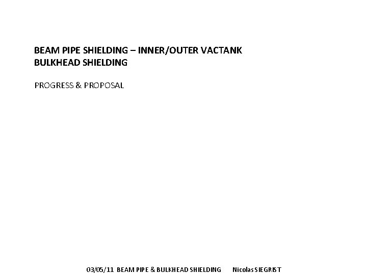 BEAM PIPE SHIELDING – INNER/OUTER VACTANK BULKHEAD SHIELDING PROGRESS & PROPOSAL 03/05/11 BEAM PIPE
