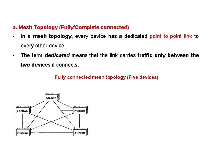 a. Mesh Topology (Fully/Complete connected) • In a mesh topology, every device has a