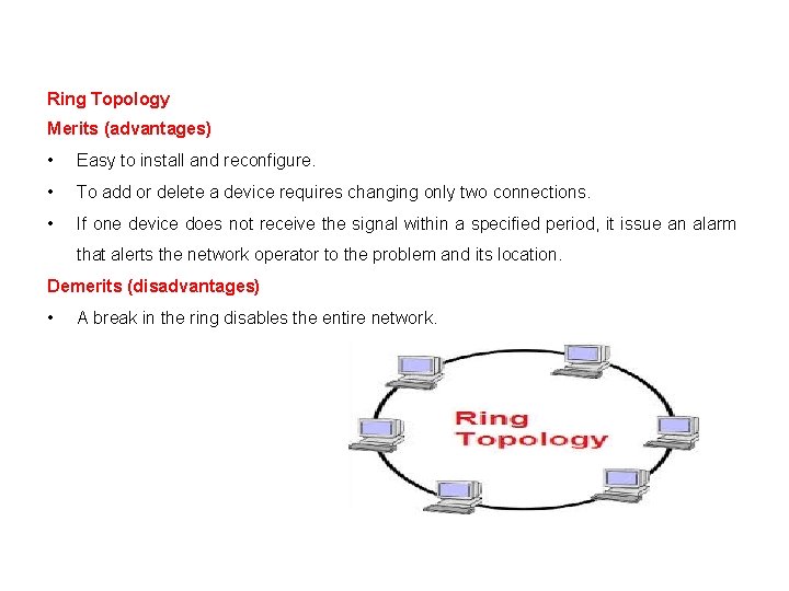 Ring Topology Merits (advantages) • Easy to install and reconfigure. • To add or