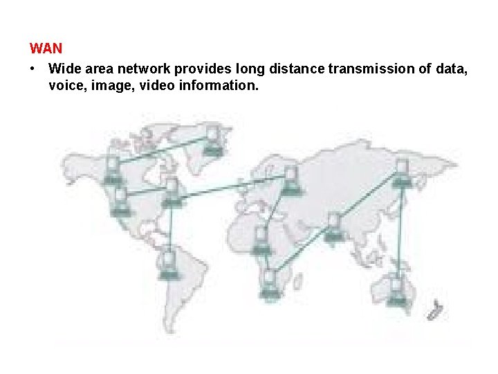 WAN • Wide area network provides long distance transmission of data, voice, image, video