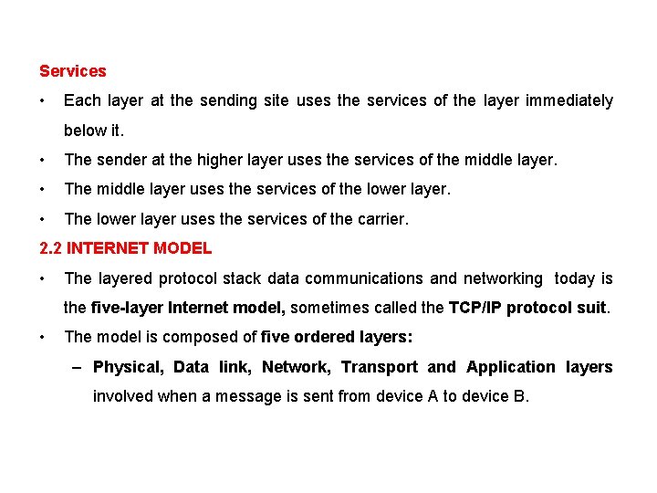 Services • Each layer at the sending site uses the services of the layer