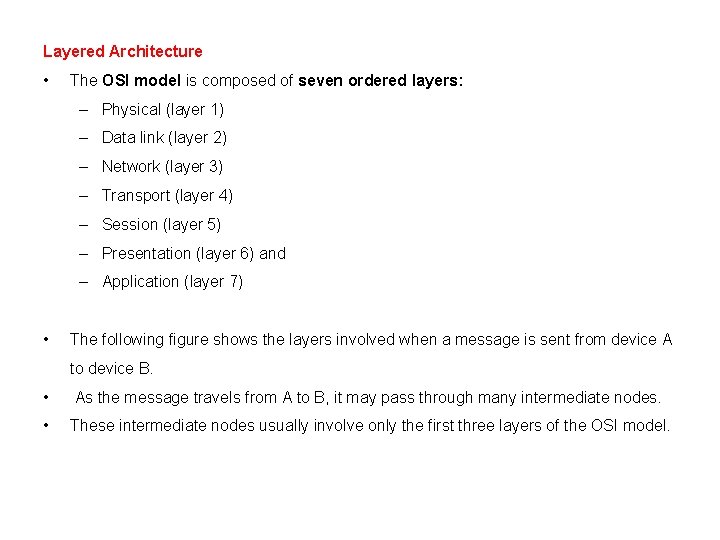 Layered Architecture • The OSI model is composed of seven ordered layers: – Physical