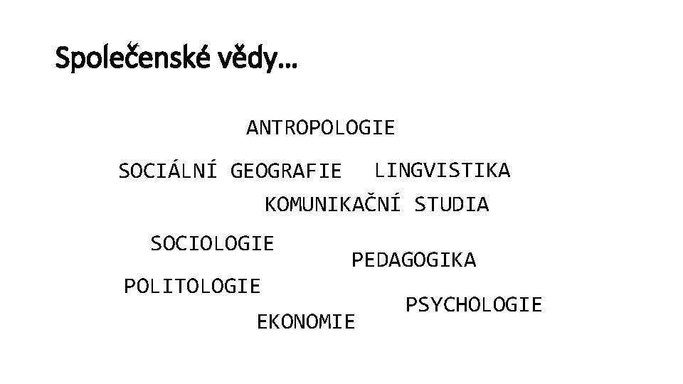 Společenské vědy… ANTROPOLOGIE SOCIÁLNÍ GEOGRAFIE LINGVISTIKA KOMUNIKAČNÍ STUDIA SOCIOLOGIE POLITOLOGIE PEDAGOGIKA EKONOMIE PSYCHOLOGIE 