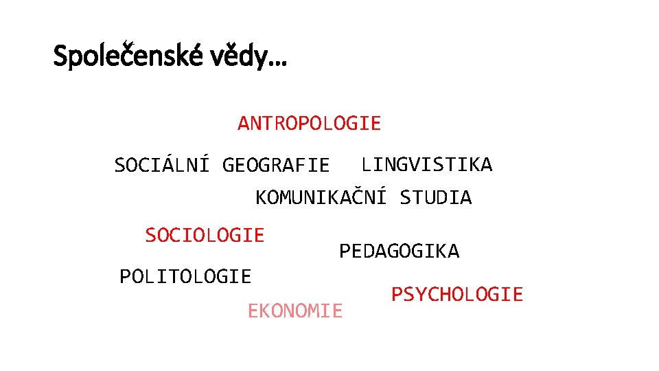 Společenské vědy… ANTROPOLOGIE SOCIÁLNÍ GEOGRAFIE LINGVISTIKA KOMUNIKAČNÍ STUDIA SOCIOLOGIE POLITOLOGIE PEDAGOGIKA EKONOMIE PSYCHOLOGIE 