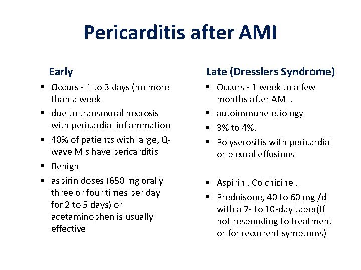 Pericarditis after AMI Early Occurs - 1 to 3 days (no more than a