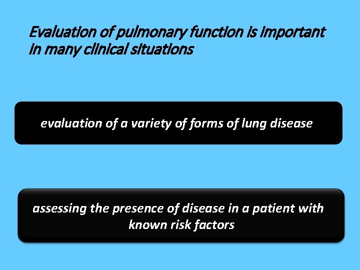 Evaluation of pulmonary function is important in many clinical situations evaluation of a variety