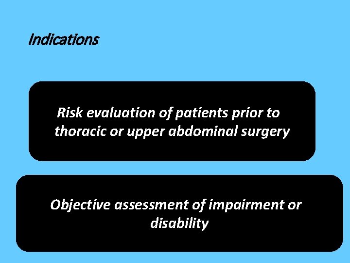 Indications Risk evaluation of patients prior to thoracic or upper abdominal surgery Objective assessment