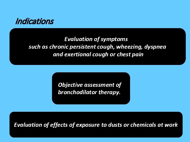 Indications Evaluation of symptoms such as chronic persistent cough, wheezing, dyspnea and exertional cough