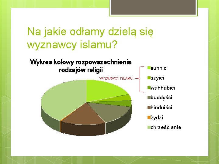 Na jakie odłamy dzielą się wyznawcy islamu? Wykres kołowy rozpowszechnienia rodzajów religii WYZNAWCY ISLAMU