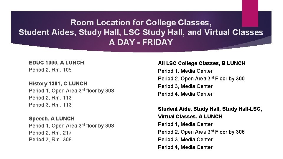 Room Location for College Classes, Student Aides, Study Hall, LSC Study Hall, and Virtual
