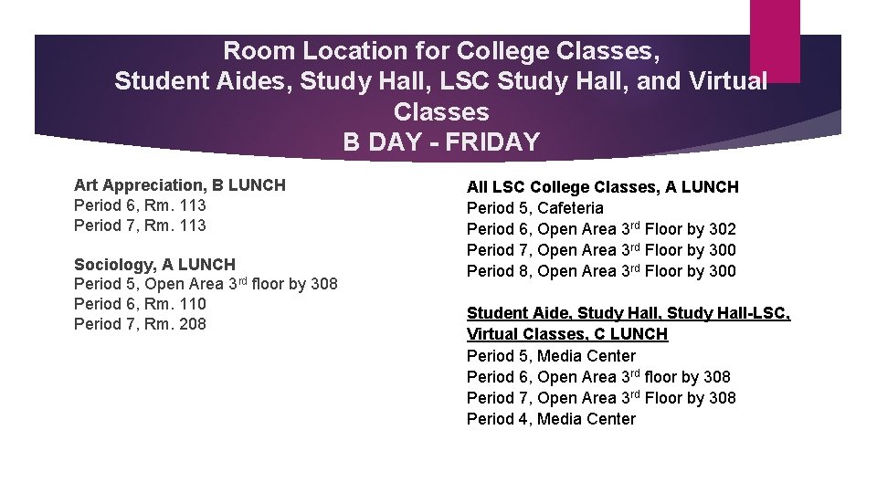 Room Location for College Classes, Student Aides, Study Hall, LSC Study Hall, and Virtual