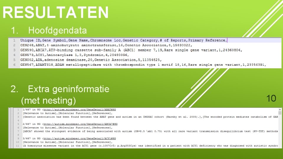 RESULTATEN 1. Hoofdgendata 2. Extra geninformatie (met nesting) 10 