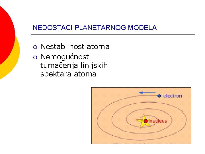 NEDOSTACI PLANETARNOG MODELA ¡ ¡ Nestabilnost atoma Nemogućnost tumačenja linijskih spektara atoma 