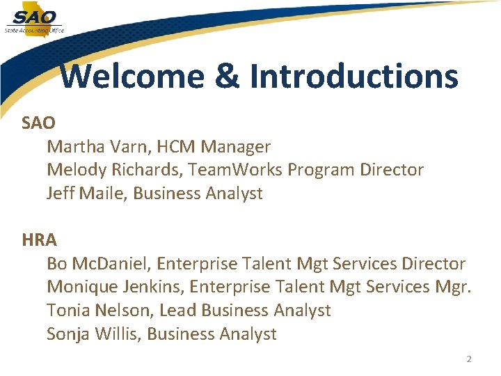 Welcome & Introductions SAO Martha Varn, HCM Manager Melody Richards, Team. Works Program Director